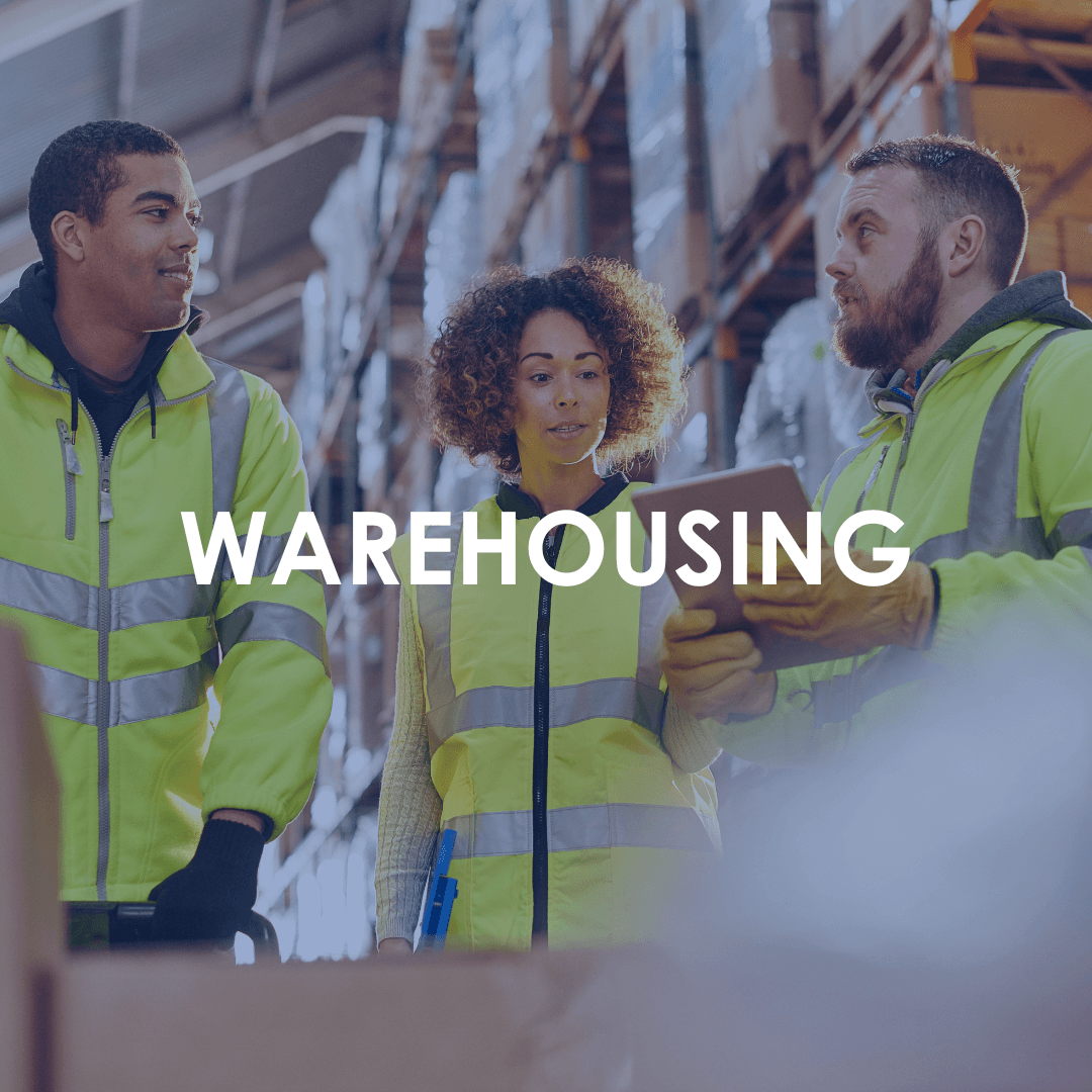 industrial recruitment - warehousing Industrial Recruitment - three warehouse staff in high vis jackets